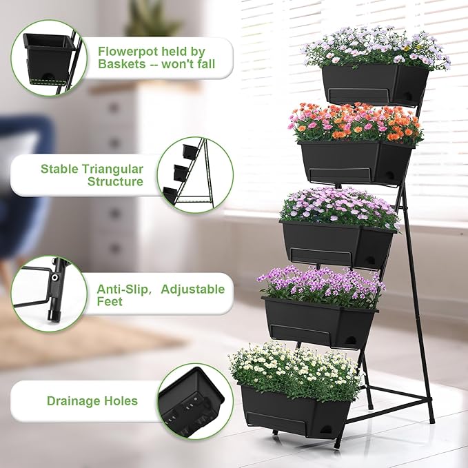 5 Tier Vertical Raised Garden Bed Planter Box Vertical Raised Bed with Drainage Holes for Indoor Outdoor Herbs Flowers Vegetables Plants Black