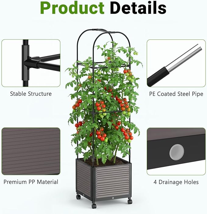 DoCred 60 H Raised Garden Bed Planter Box with Wheels 2 Pack Tomato Cage Planter Raised Garden Bed with Trellis for Climbing Vegetables Plants Tomato Cage Indoor Outdoor Use