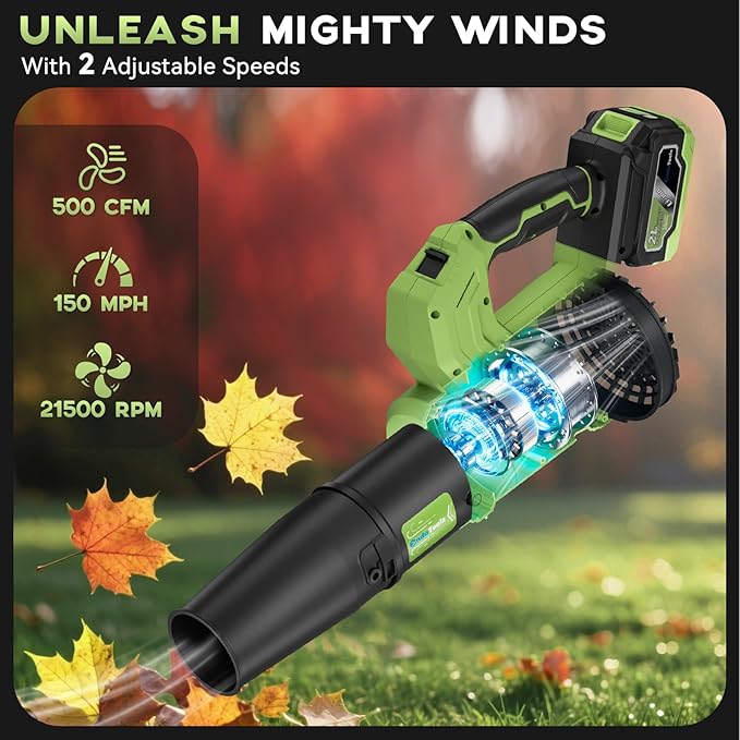 Leaf Blower Cordless - 650 CFM 150 MPH Electric Leaf Blower with 2 x 4.0Ah Batteries &amp Fast Charger 2-Speed Settings Lightweight Battery Leaf Blowers for Lawn Care Patio Dust(Green)