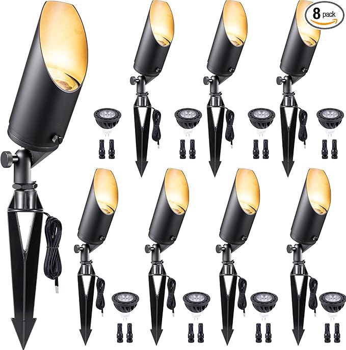 Gardenreet Brass Spot Light Low Voltage - Outdoor Landscape Spotlights 12V Landscaping LED Uplights Hard-Wired All Weather Black for Backyard Lawn with Cold White Changeable Bulbs (8 Pack)