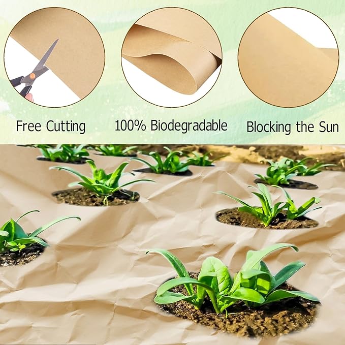 2 x 100 Feet Biodegradable Paper Weed Barrier Biodegradable Landscape Fabric Garden Bed Grass Control Barrier Weed Blocker Paper for Garden Outdoor Lawn (2 x 100 ft)
