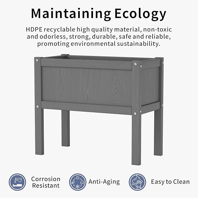 HDPE Raised Garden Bed with Legs All-Weather Outdoor Planter Box Easy to Assemble Drainage System Low Maintenance Non-Fading for Flower/Herb/Seed (Grey)