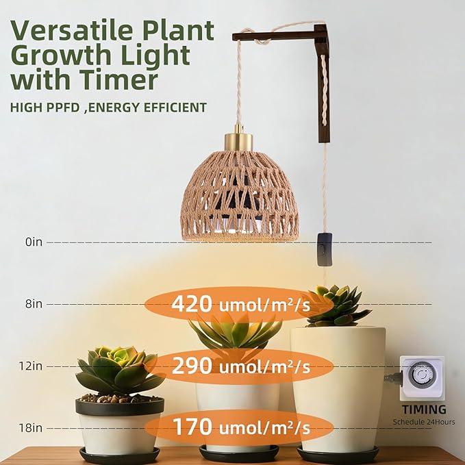 Hanging Grow Lights for Indoor Plants - 35W 4000K Full Spectrum Plant Light Wall Mounted Grow Light with Wooden Bracket Timer 15FT Power Cord Ideal for Plants Flowers &amp Home Decor