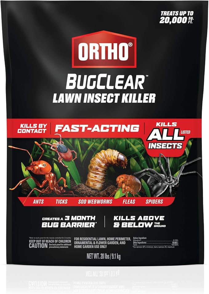 Ortho BugClear Lawn Insect Killer - Kills Ants Ticks Armyworms Sod Webworms Fleas and Spiders in Your Yard Fast-Acting Kills By Contact Above and Below the Ground 20 lb.