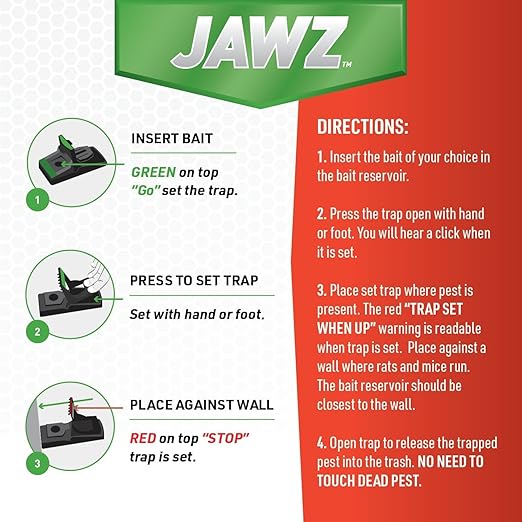 JT Eaton 409 Jawz Indoor Plastic Mouse Trap for Solid or Liquid Bait Instant Kill Mouse Traps No-Touch Disposal with Trap Set Indicator 24-Pack