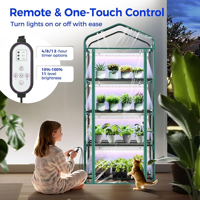 Indoor Greenhouse with Grow Light Ohuhu 4-Tier Mini Green House for Winter - Full Spectrum Greenhouses for Seed Starting Small Portable Green Houses Waterproof PVC Cover &amp Adjustable Shelves