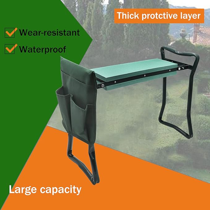 HongK- Outdoor Green Garden Kneeler Benches Seat w/EVA Folding Portable Bench Kneeling Pad and Tool Pouch Protection Body Knees Clothes from Dirt &amp Grass Stains [P/N: ET-TOOL039-GREEN]