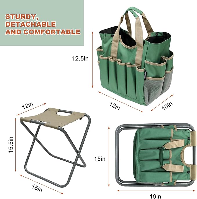 MDSTOP Folding Gardening Stool with Detachable Storage Tote Bag Gardening Tools Set Organizer for Fishing Outdoor Sports Hiking Camping Garden Gardening Gifts for Mom/Dad and Gardeners (Polyester)