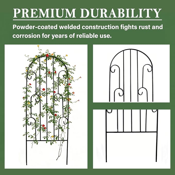 4 Pack Arched Metal Garden Trellis for Climbing Plants 45 H x 15.9 W – Rustproof Iron Trellis with Decorative Scrollwork Metal Trellised Wire Lattices Grid Panels for Roses Clematis Vines