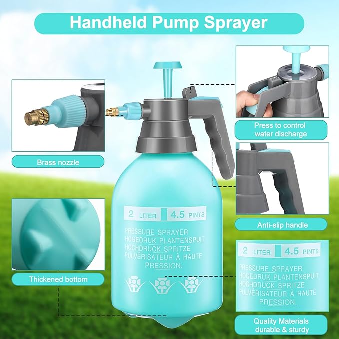 Nuogo 3 Pcs Handheld Pump Sprayer 2L Manual Garden Pressure Sprayer Pump Spray Bottle with Adjustable Brass Nozzle for Lawn Plants Weeds Spraying Watering(Blue)