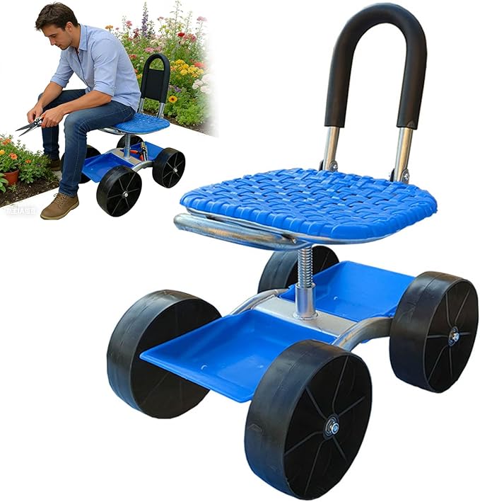 Auxiliary Gardening Chair with Wheels and Foldable backrest Used for Outdoor Vegetable Picking and Bending Assistance During car Maintenance (Foldable Four-Wheel Storage Model)