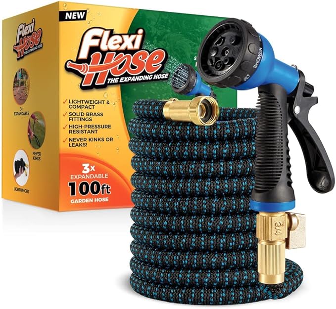 Flexi Hose Expandable Garden Hose with 8 Function Nozzle 100FT - Lightweight Retractable Garden Hose Water Hose - No-Kink Flexibility 3/4 Inch Solid Brass Fittings and Double Latex Core