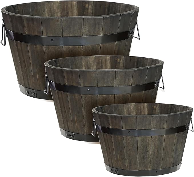 Idzo Set of 3 Wooden Flower Planters for Outdoor Plants Acacia Wood Barrel Planters Ergonomic Handles Drainage Holes Various Sizes Black
