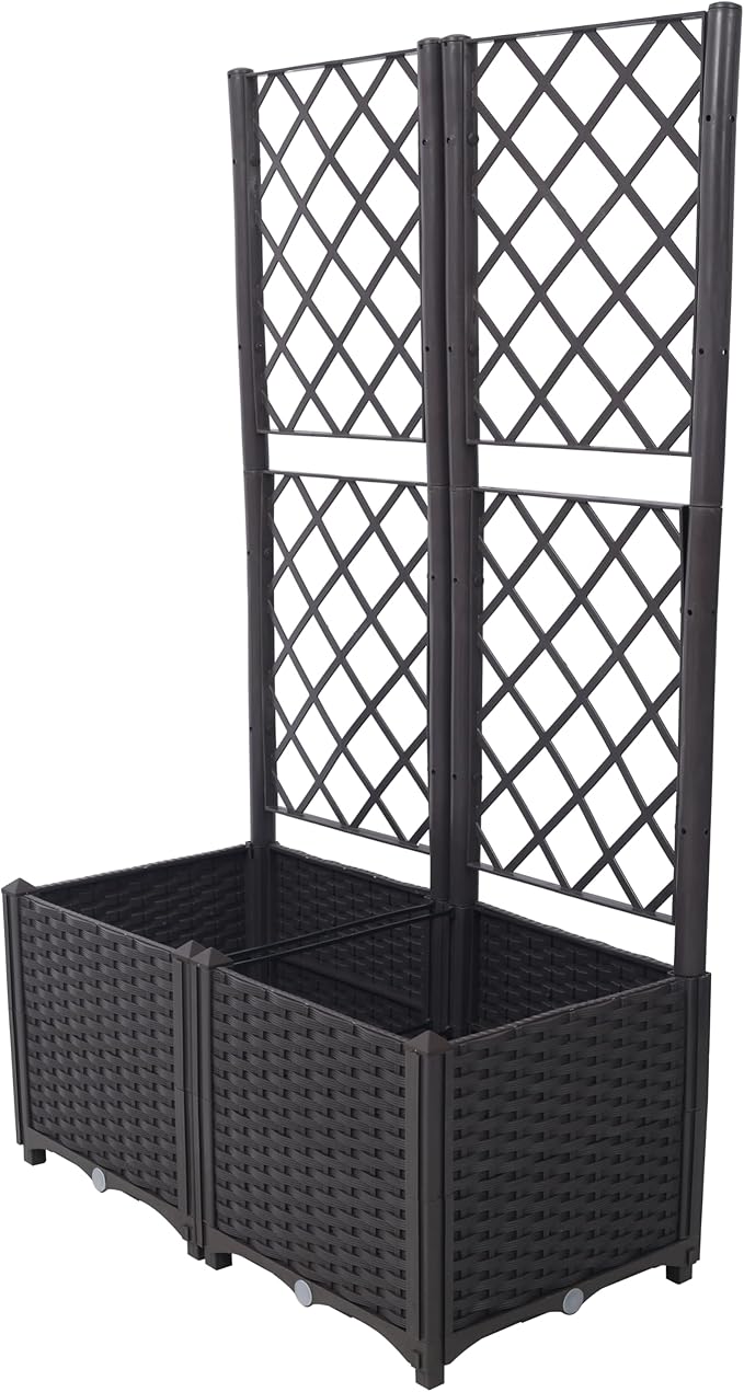 Poly Rattan Brown Trellis Raised Bed with Drainage Plug 2 Removable Pots with Large Flower Boxes Built in Support for Climbing Plants Outdoor Patio GDecoration