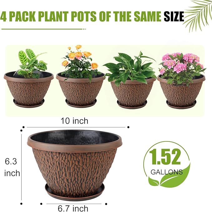 4 Pack Flower Pots Outdoor 10 Inch Plant Pot with Drainage Hole &amp Tray Thickened Plastic Planters for Indoor Outdoor Plants Lightweight Brown Decorative Garden Pot with Saucer