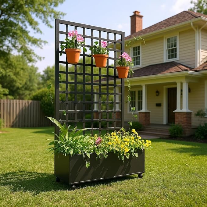 GarveeHome Metal Raised Garden Bed with Trellis and Wheels Planter Box for Climbing Plants Vegetables with Square Lattice Trellis Drainage Holes &amp Privacy Screen for Garden &amp Backyard