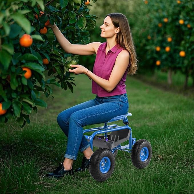 Goplus Rolling Garden Cart with Seat Outdoor Garden Stool with Wheels Tool Tray &amp Basket Adjustable Steering Handle 360 Degree Swivel Seat for Planting Gardening Scooter for Lawn Yard Patio