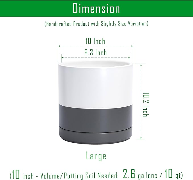 D'vine Dev 10 Inch Ceramic Planter Pot with Drainage Hole and Saucer Indoor Cylinder Round Planter Pot White/Speckled Grey 94-O-E-6