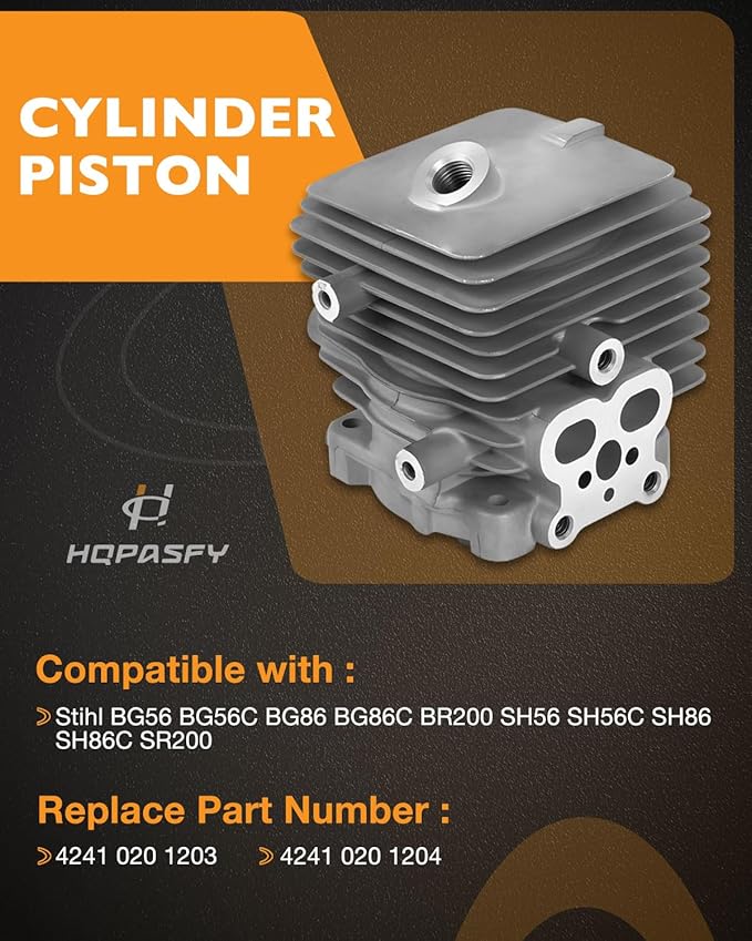 HQPASFY 4241 020 1203 Cylinder Piston Kit with Spark Plug and Gloves Compatible with Stihl BG56 BG56C BG86C BR200 SH56 SH56C SH86 SR200 Leaf Blower Replaces- 4241 020 1204