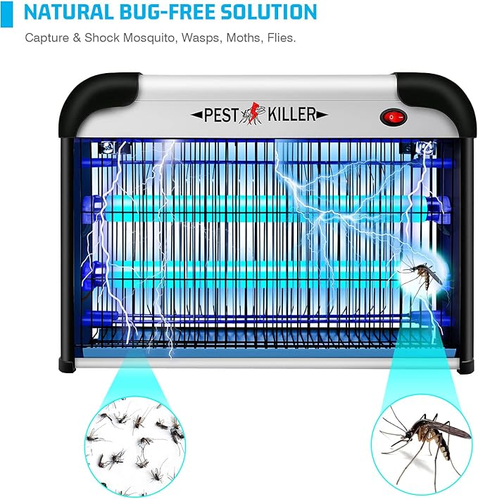 Indoor Electric Bug Zapper 2800V Powerful Flying Insect Mosquito Killer w/ 20W Blue Light Attract Plug-in Pest Control Machine for Moth Fruit Fly Fungus Gnat Garage Bug Catcher/Eliminator/Trap
