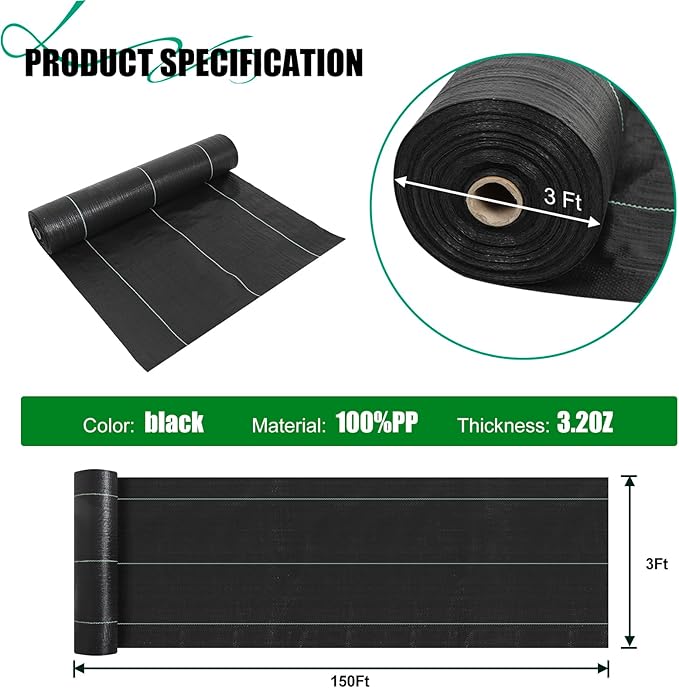 3ft x150ft Black Weed Barrier Landscape Fabric Heavy Duty 3.2OZ French Drain Fabric Ground Cover Weed Cloth for Erosion ControlOutdoor Gardening Weed Control Mat