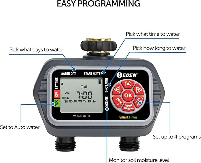 Eden 93412 Programmable Digital Water Timer 2-Zone Compatible with Wireless Soil Moisture Sensor