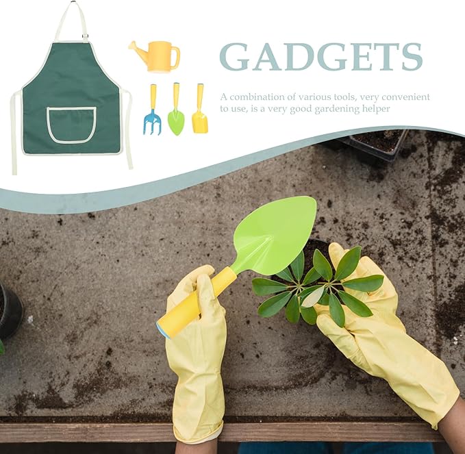 Planting Tools Garden Shovel Rake Watering Can Set with Apron for Outdoor Gardening and Flower Planting Mini Metal Hand Tools for Boys
