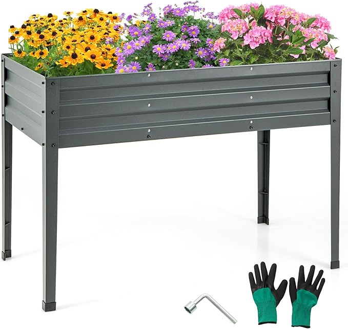 Giantex Raised Garden Bed with Legs 46”x24”x32” Galvanized Steel Planter Box with Drainage Holes for Vegetables Flowers &amp Fruits Freestanding Elevated Planting Bed Easy Assembly (Grey)