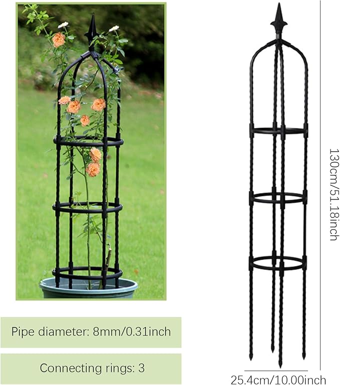 Garden Obelisk Metal Garden Trellises 4.3Ft Tall Obelisks for Climbing Plants Flower Plant Climbing Frame for Flowers Vegetable Fruits Vines Plant Cages Supports
