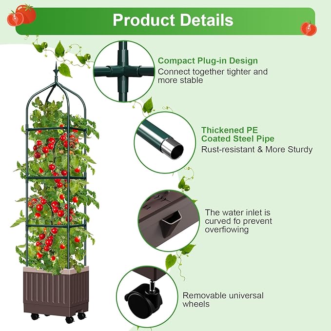 Raised Garden Bed Planter Boxes with Trellis1pcs 70.9Self-Watering Tomato Planter Boxes with Trellis for Climbing Vegetables Plants Flowers Tomato with WheelsUse for Indoor Outdoor (Brown)