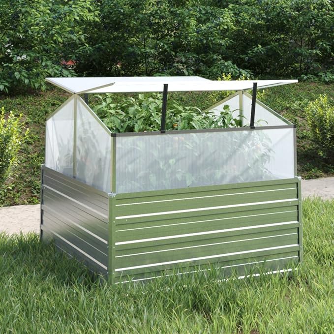 Garden Raised Bed with Greenhouse Planter With TrellisSteel Raised Garden BedGardening PotsIndustrial Rustic Planter for Gardens Patios Lawns Or Any Other Planting.39.4x39.4x33.5 Silver