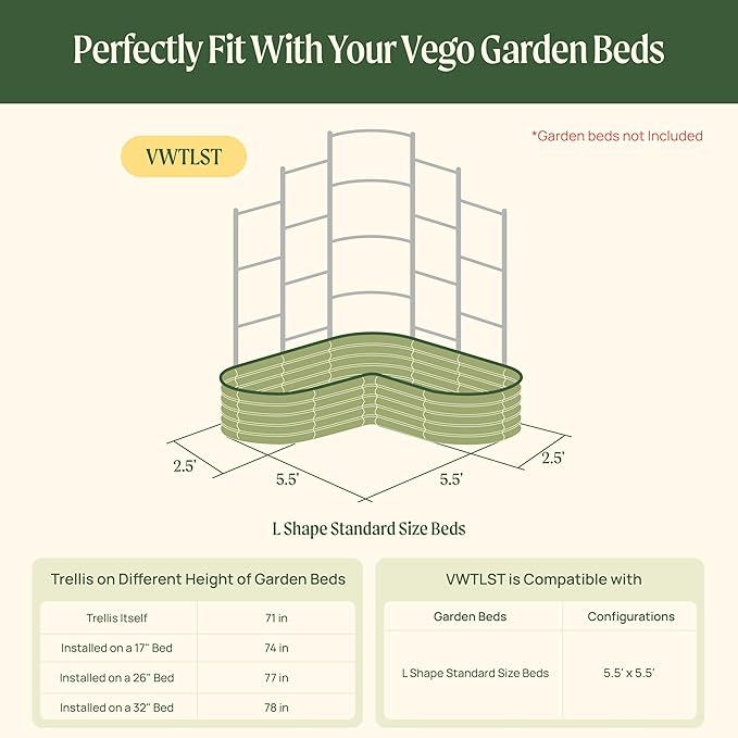 Vego Garden Modular Wall Trellis System 5.5' Long for 5.5' x 5.5' Standard Size L-Shaped Garden Beds (Garden Beds Not Included)