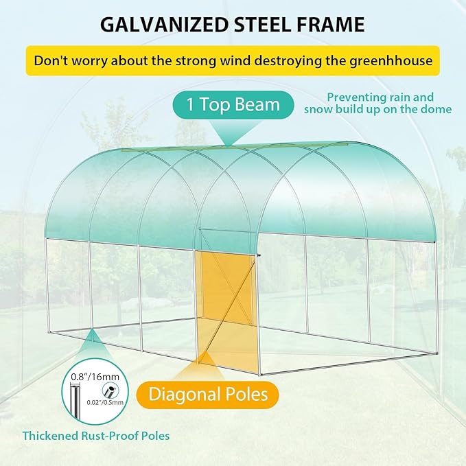 7*15*7FT Walk-in Greenhouse Portable Walking in Tunnel Tent Walking in Tunnel Tent with Galvanized Pipe Roller Zippered Door &amp 8 Screen Windows Greenhouses for Outdoors (Bottom widening Design