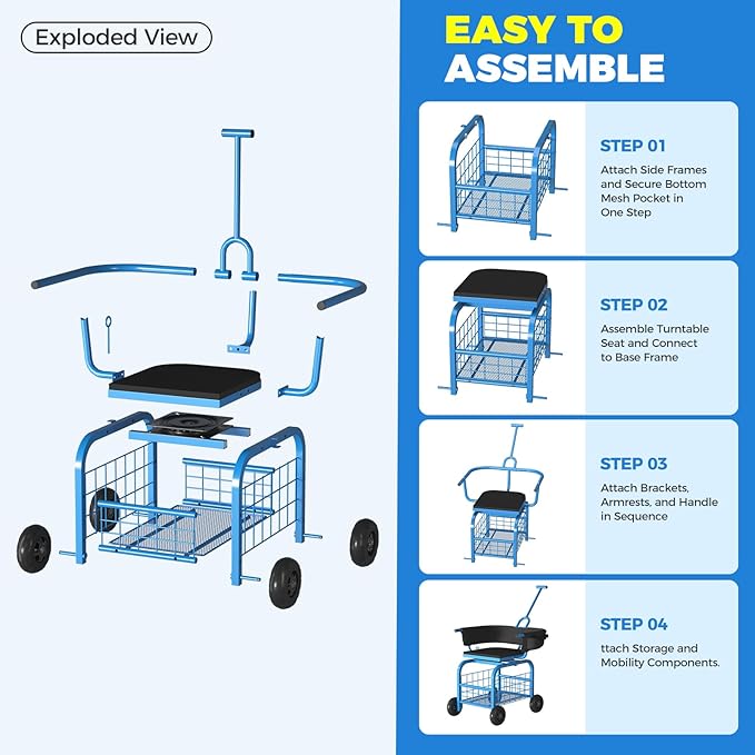Suntee Garden Seat with Wheels Rolling Gardening Stool with 360° Swivel Seat &amp BackrestTool Storage Basket &amp Back Tool Pouch Adjustable Handle Outdoor Gardening Scooter Garden Cart for Se