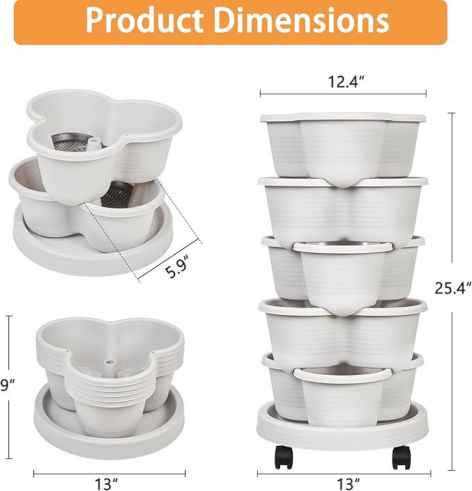 VECELO 5 Tier Vertical Garden Planter Self Watering Stackable Planters with Wheels for Strawberries Herbs Flowers Vegetables Gray