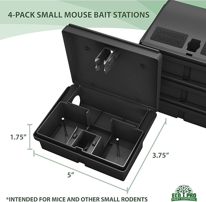 Mouse Bait Station | 4-Pack Indoor &amp Outdoor Mouse Bait Stations | Bait (Not Included) is Secured by Lock &amp Key | Pet &amp Child-Safe Alternative to Mouse Traps | for Mice Only - Small Size
