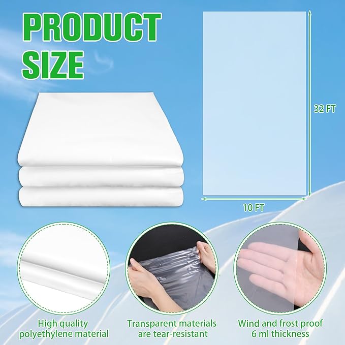 Greenhouse Plastic Film 6 Mil Thickness Greenhouse Plastic Sheeting Clear Polyethylene Film UV Resistant for Gardening Farming Agriculture (10 x 32 FT)