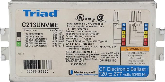 Universal C213UNVME Compact Fluorescent Ballast 2-Lamp 13W CFQ 120/277V