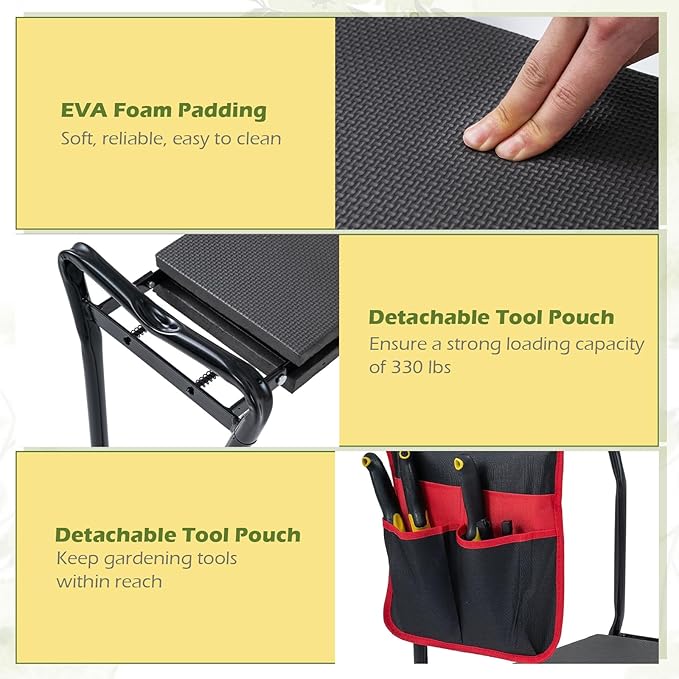 Goplus Garden Kneeler and Seat Heavy-Duty Garden Bench w/Large Tool Pouch Widen EVA Foam Kneeling Pad Portable Gardening Helper for Women Men Seniors Foldable Garden Stool for Kneeling &amp Sitti