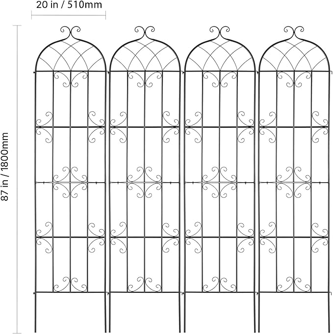 Happybuy Garden Trellis 87 x 20 in 4 Packs Rustproof Metal Garden Flower Trellis Outdoor Climbing Rose Cucumbers Support Decorative Clematis Trellis for Courtyards Lawns