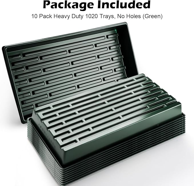 10 Pack 1020 Trays No Holes-Reusable Nursery Flats for 50/72 Cell Plug Tray Heavy Duty Seed Starter Trays for Transplant Seed Starting Plant Propagation &amp Seed Germination (Dark Green)