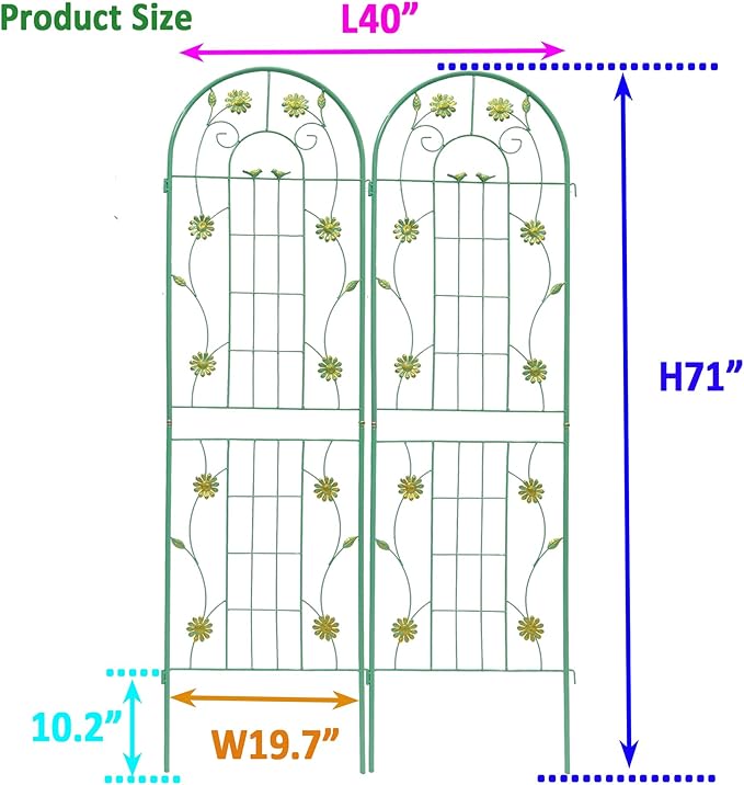 2 Pack Metal Garden Trellis 71 x 19.7 Rustproof Trellis for Climbing Plants Outdoor Flower Support Green