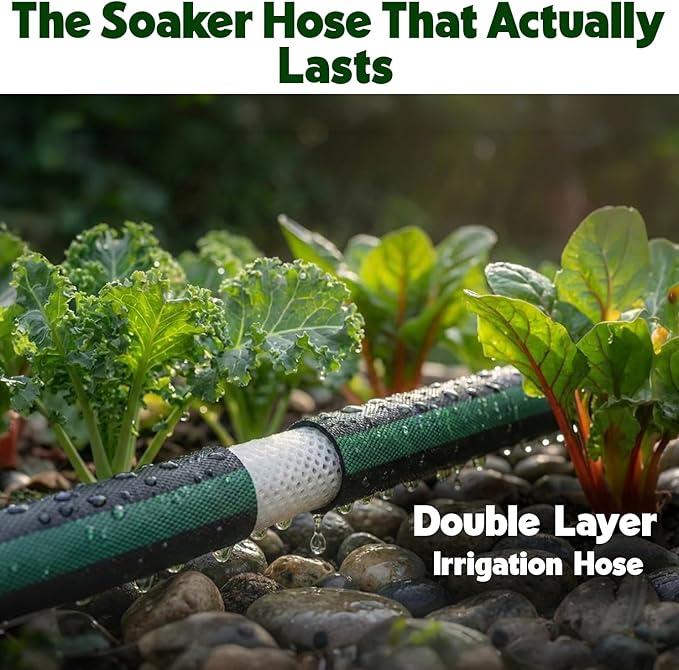 Flat Soaker Hose 25ft for Garden // Drip Hose for Garden Beds Lawns and Trees // Heavy Duty Leakproof Design with Quick Connect // Linkable Irrigation System for Vegetables and Flowers