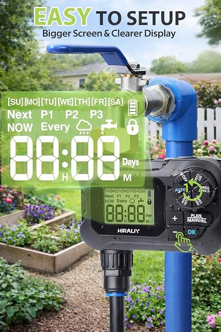 HIRALIY 100FT Automatic Drip Irrigation Kits with Garden Timer Garden Watering System for Patio Lawn Quick Connector Design Irrigation System Kit with Easy Programmable Water Timer