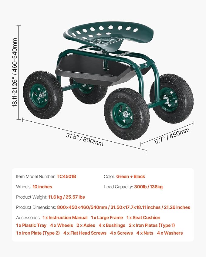 VEVOR Rolling Garden Cart with Swivel Seat Heavy Duty Garden Seat with Storage Basket &amp Tool Tray 300 lbs Weight Capacity Outdoor Utility Gardening Stool Scooter for Lawn Yard Planting Weeding