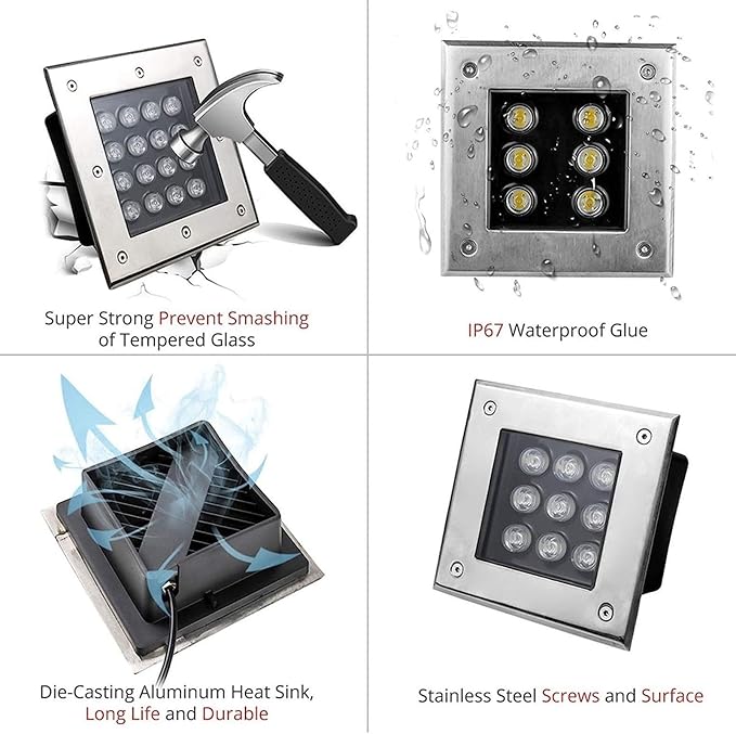 Outdoor Landscape Lights Square Recessed Buried Lamp IP67 Waterproof Stainless Steel Spotlight 12V Low Voltage Pond Light Lighting for Lawn Driveway GardenCold White 9 W
