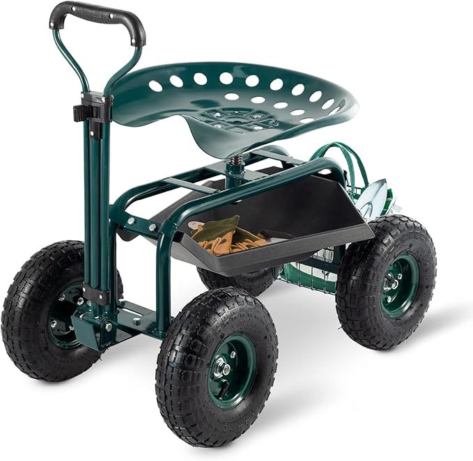 Garden Cart with Workseat Outdoor Gardening Carts with Seat Heavy Duty Rolling Garden Stools Scooter with Handle and Storage for Seniors Green