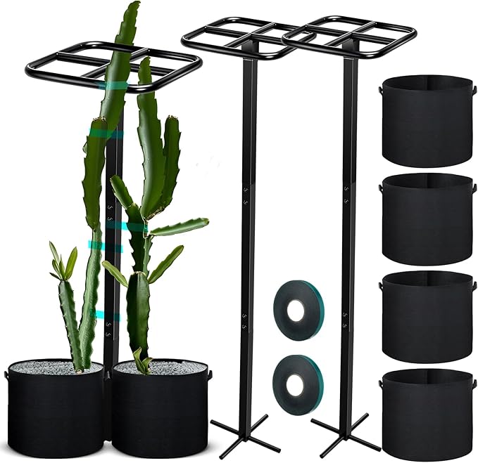 8 Pcs 12 x 48 Inch Dragon Fruit Plant Trellis with 20 Gallon Grow Bags and Wide Stretch Ties for Vertical Gardening Dragonfruit and Vining Plants