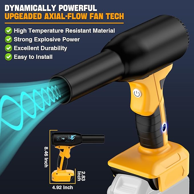 Jet Dry Blower 500W Compressed Air Duster 400G Wind Speed 3 Gear Adjustable Compatible with Dewalt 20V Battery Cordless Mini Jet Fan for Car Dry Keyboard &amp Electronics Cleaning