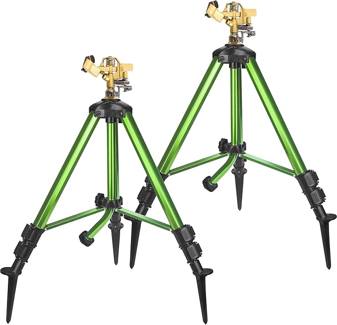 Triumpeek 2 Pack Impact Sprinkler on Tripod Base with Stakes 360 Degree Large Area Coverage Irrigator with Extension Legs Adjustable Brass Sprinkler Head Nozzle and 3/4 NH Inlet Hose Connection